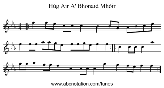 Hùg Air A' Bhonaid Mhòir - staff notation
