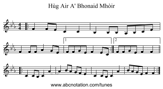 Hùg Air A' Bhonaid Mhòir - staff notation