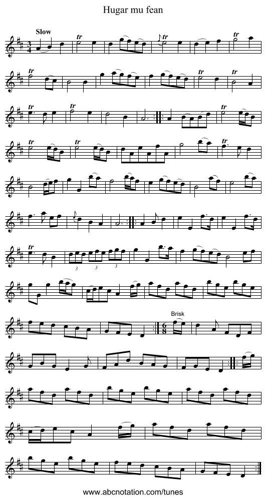 Hugar mu fean - staff notation