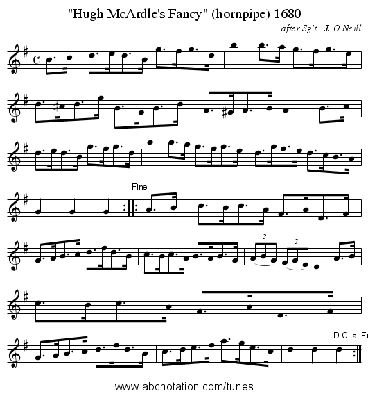 Hugh McArdle's Fancy (hornpipe) 1680 - staff notation