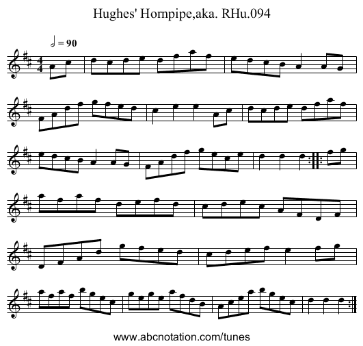 Hughes' Hornpipe,aka. RHu.094 - staff notation