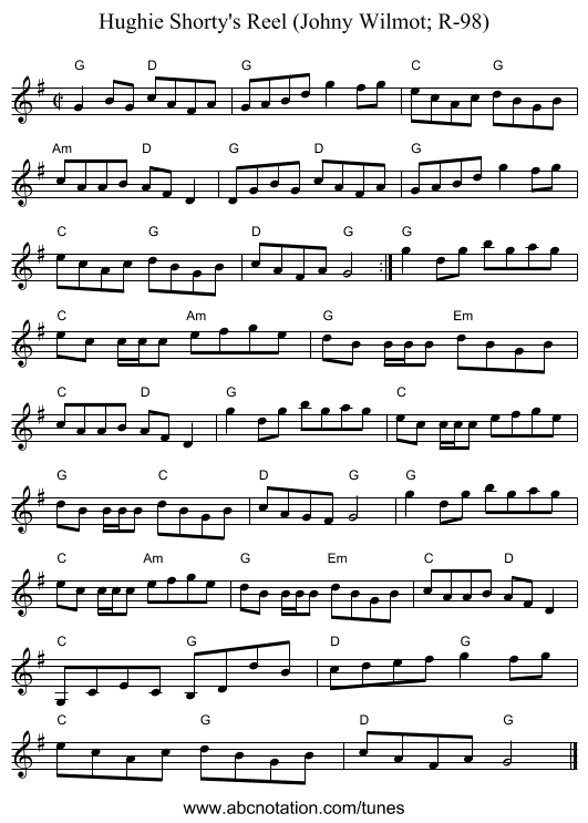Hughie Shorty's Reel (Johny Wilmot; R-98) - staff notation
