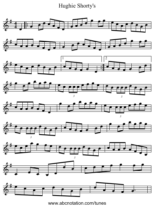Hughie Shorty's - staff notation
