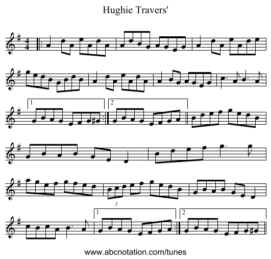 Hughie Travers' - staff notation