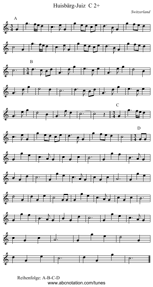 Huisbärg-Juiz  C 2+ - staff notation