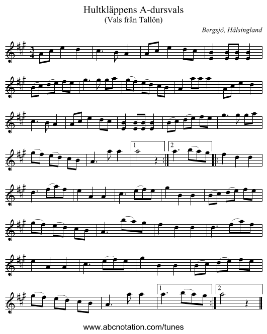 Hultkläppens A-dursvals - staff notation