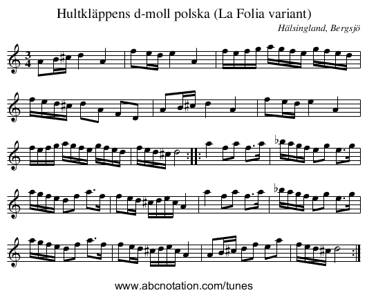 Hultkläppens d-moll polska (La Folia variant) - staff notation
