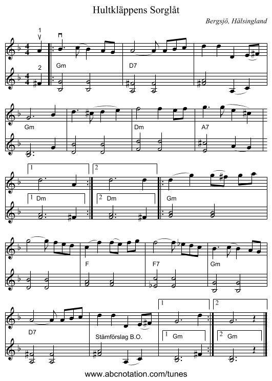 Hultkläppens Sorglåt - staff notation