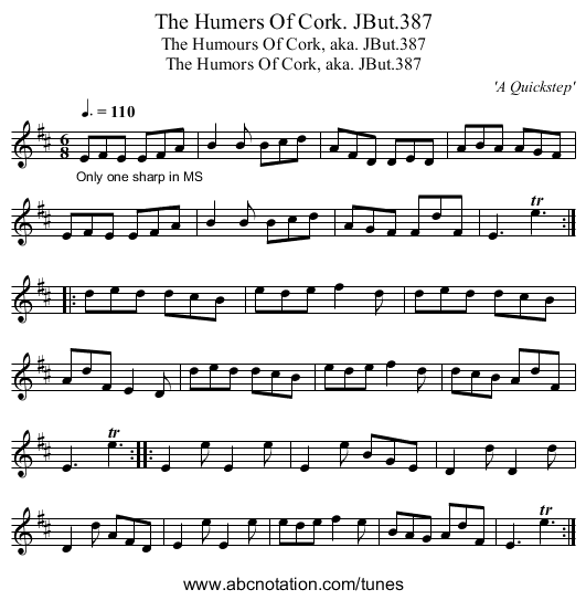 Humers Of Cork. JBut.387, The - staff notation