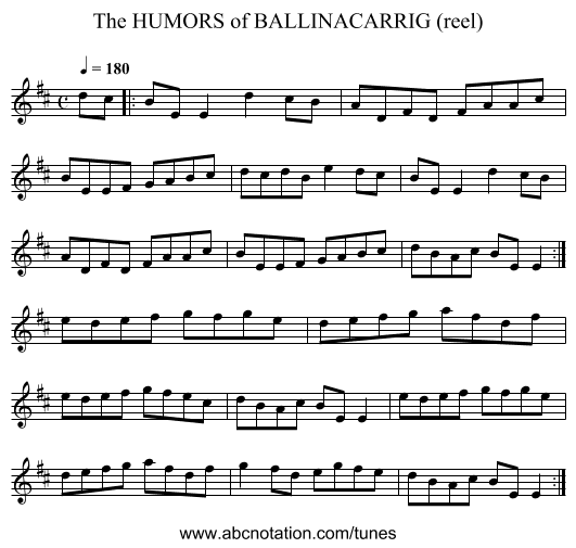 HUMORS of BALLINACARRIG (reel), The - staff notation