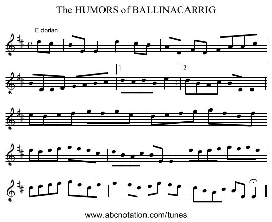 HUMORS of BALLINACARRIG, The - staff notation