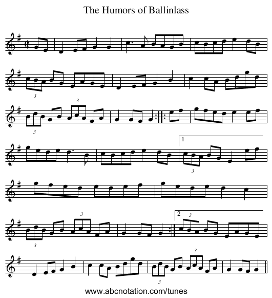 Humors of Ballinlass, The - staff notation