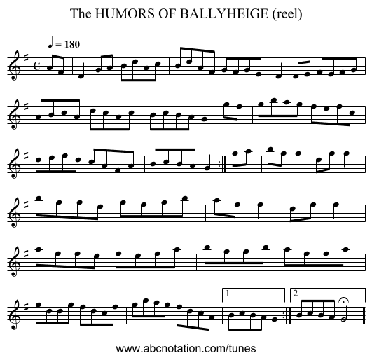 HUMORS OF BALLYHEIGE (reel), The - staff notation