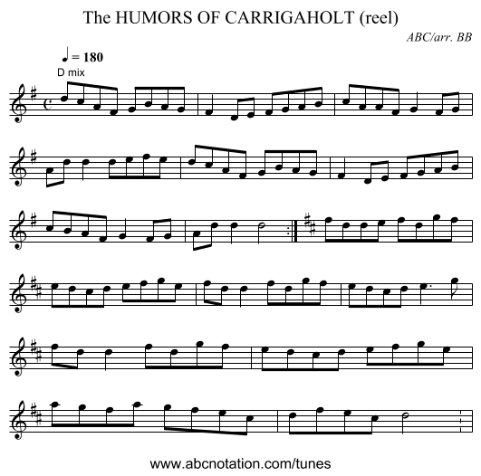 HUMORS OF CARRIGAHOLT (reel), The - staff notation