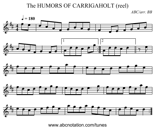 HUMORS OF CARRIGAHOLT (reel), The - staff notation