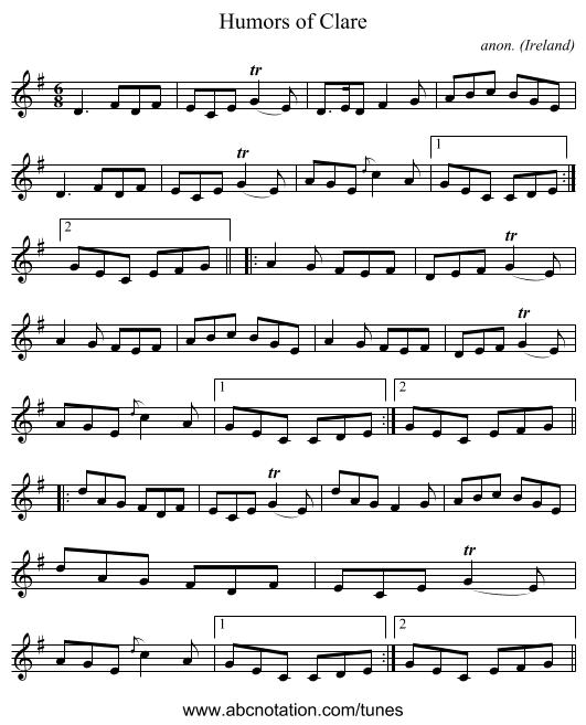 Humors of Clare - staff notation