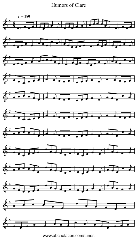 Humors of Clare - staff notation