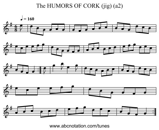 HUMORS OF CORK (jig) (a2), The - staff notation