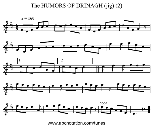 HUMORS OF DRINAGH (jig) (2), The - staff notation