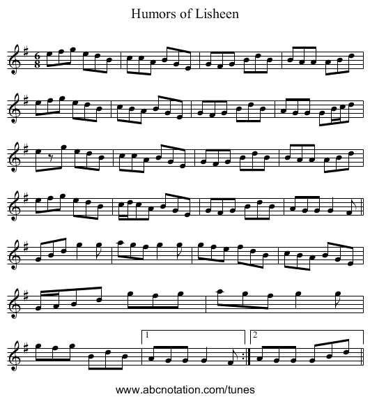 Humors of Lisheen - staff notation
