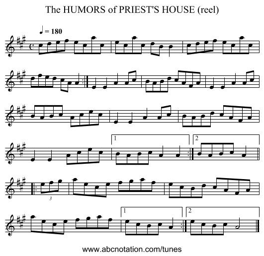 HUMORS of PRIEST'S HOUSE (reel), The - staff notation