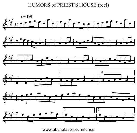 HUMORS of PRIEST'S HOUSE (reel) - staff notation