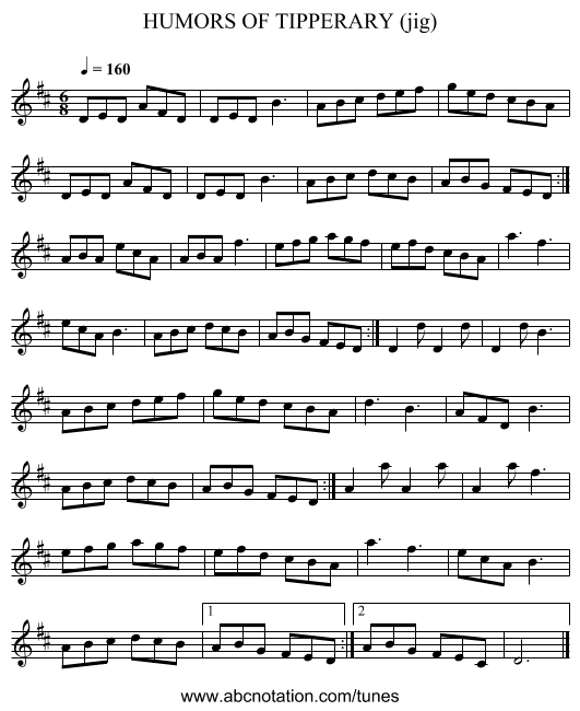 HUMORS OF TIPPERARY (jig) - staff notation