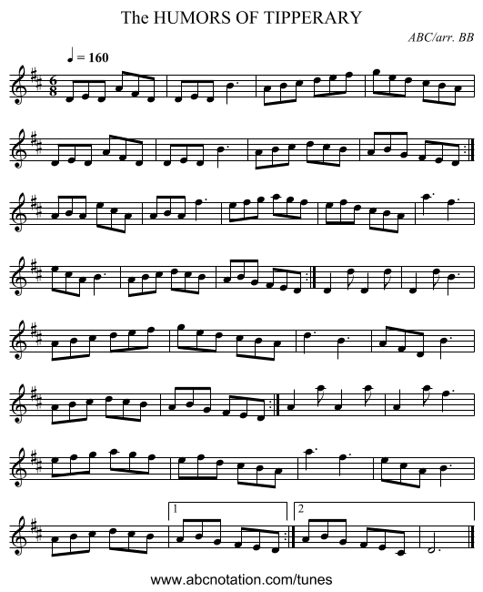 HUMORS OF TIPPERARY, The - staff notation