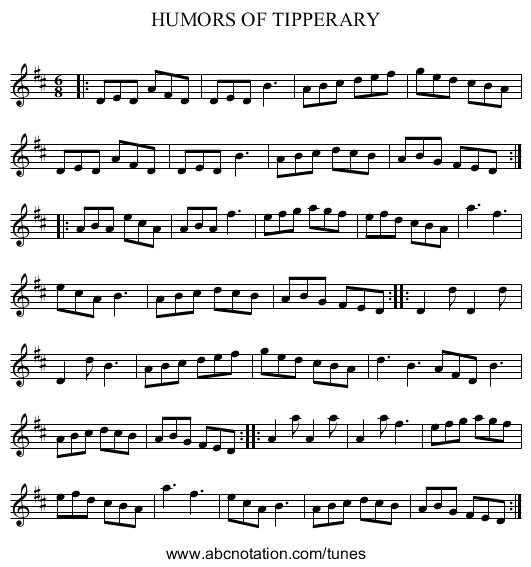HUMORS OF TIPPERARY - staff notation
