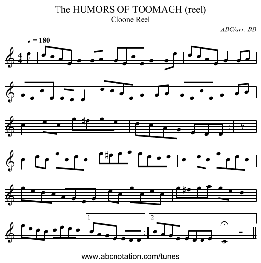 HUMORS OF TOOMAGH (reel), The - staff notation
