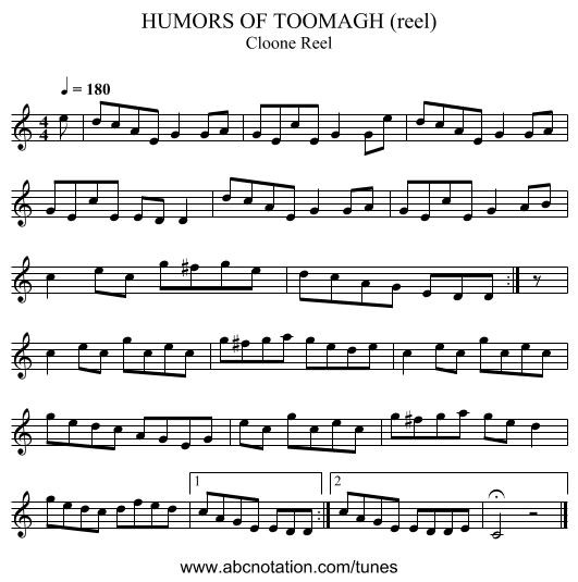 HUMORS OF TOOMAGH (reel) - staff notation