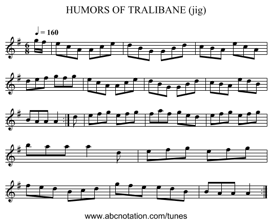 HUMORS OF TRALIBANE (jig) - staff notation
