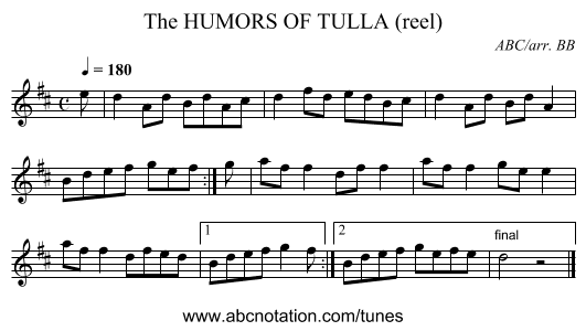 HUMORS OF TULLA (reel), The - staff notation