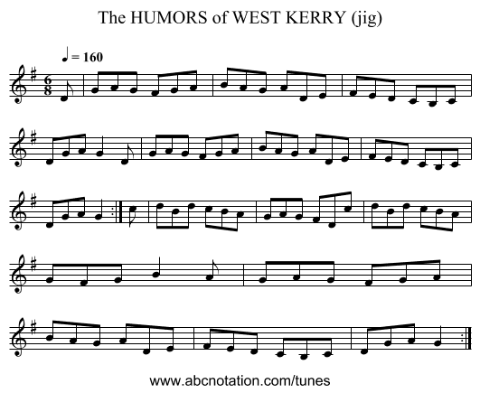 HUMORS of WEST KERRY (jig), The - staff notation