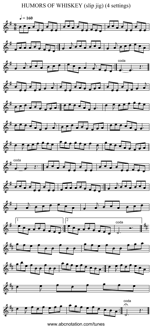HUMORS OF WHISKEY (slip jig) (4 settings) - staff notation