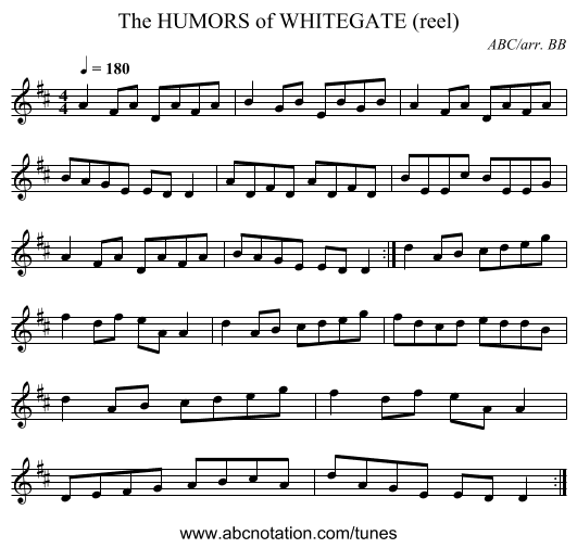 HUMORS of WHITEGATE (reel), The - staff notation