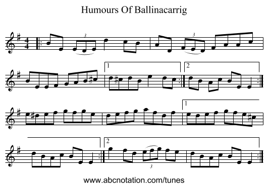Humours Of Ballinacarrig - staff notation