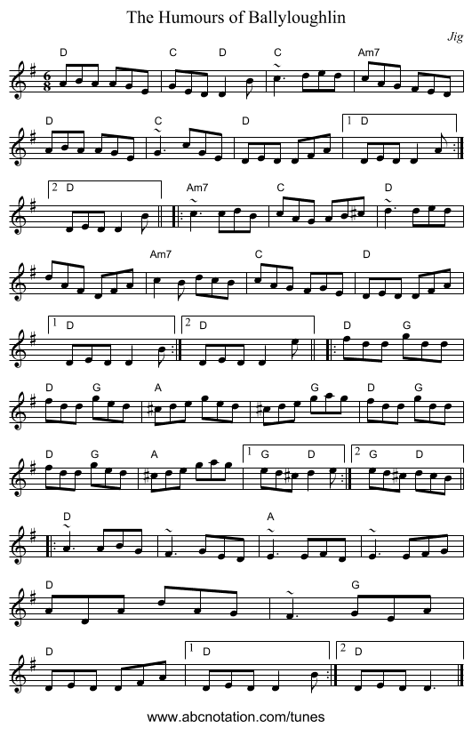 Humours of Ballyloughlin, The - staff notation