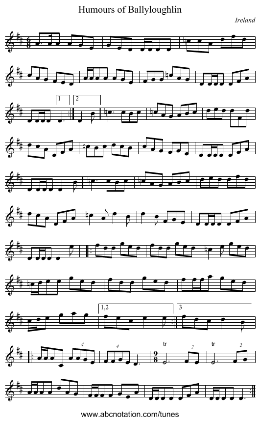 Humours of Ballyloughlin - staff notation
