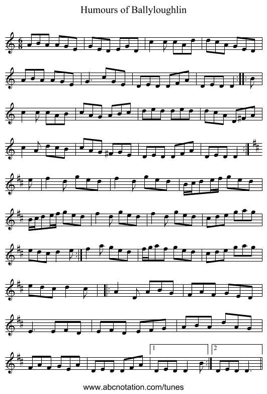 Humours of Ballyloughlin - staff notation