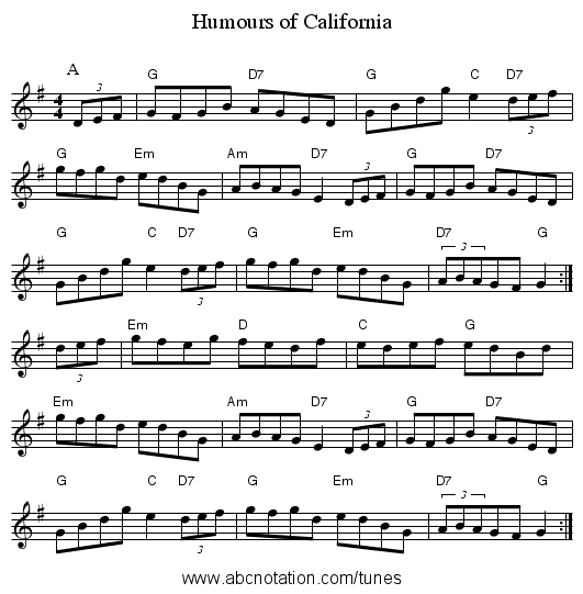 Humours of California - staff notation