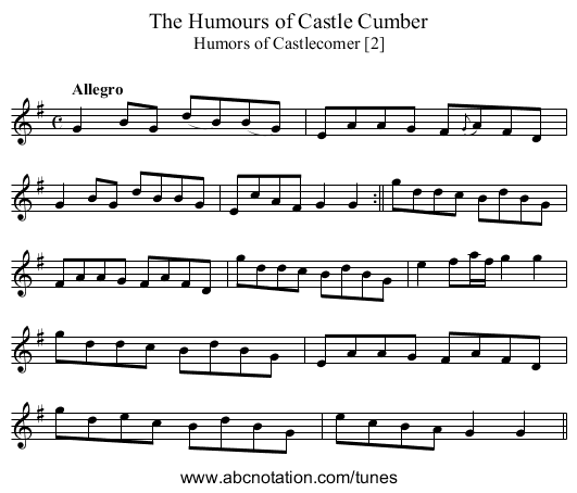 Humours of Castle Cumber, The - staff notation