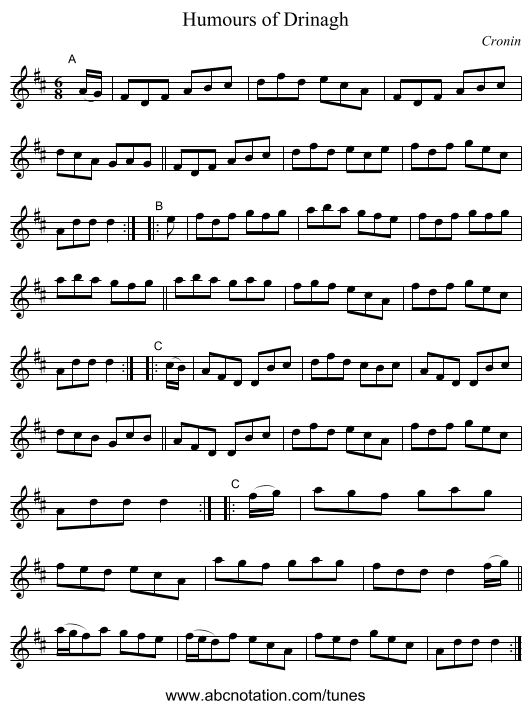 Humours of Drinagh - staff notation