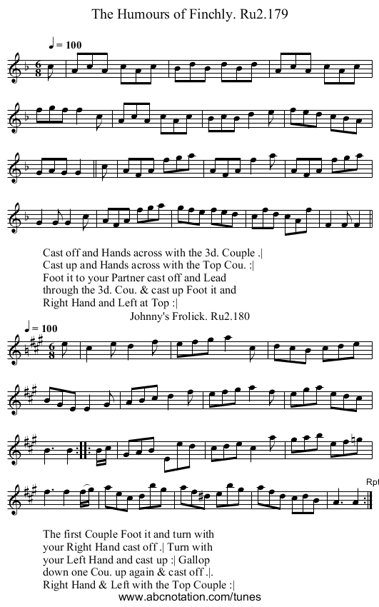 Humours of Finchly. Ru2.179, The - staff notation