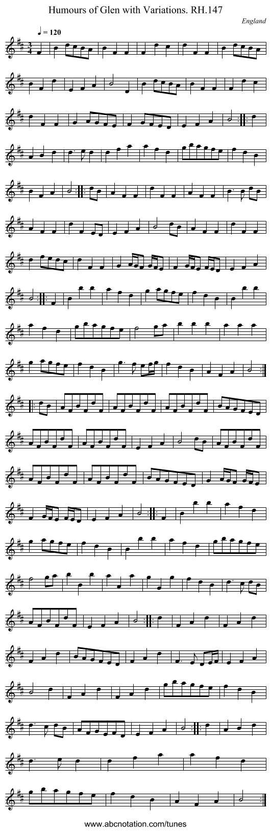 Humours of Glen with Variations. RH.147 - staff notation