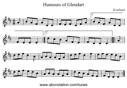 Humours of Glendart - staff notation