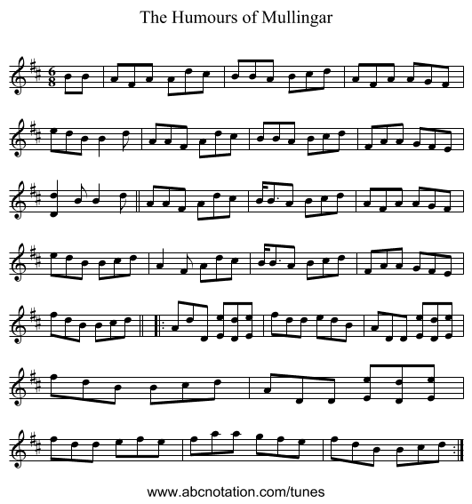 Humours of Mullingar, The - staff notation