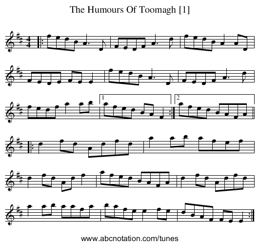 Humours Of Toomagh [1], The - staff notation