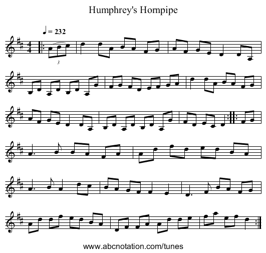 Humphrey's Hornpipe - staff notation