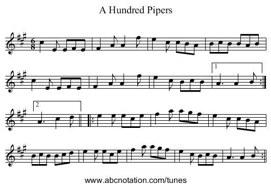 Hundred Pipers, A - staff notation
